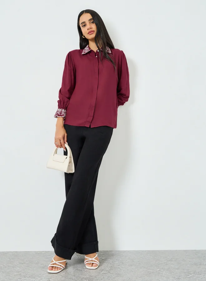 ستايلي Burgundy Embroidered Collar Shirt